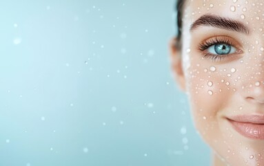 Healthy skin glowing under natural light, with a water droplet pattern overlay, showcasing hydration as a key to beauty and skin health, hydration health benefit, radiant skin