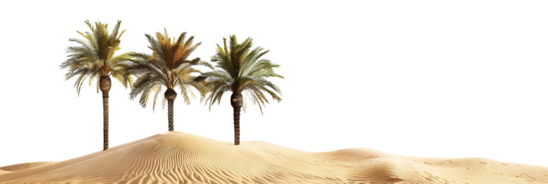 Tropical oasis with lush palm trees on sandy dune, cut out