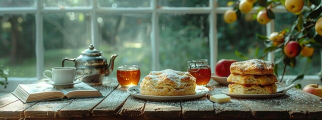 Naklejka premium table with cups, tea pot, book and apple pie near window inside of countryside house. atmosphere for relax. tea autumn party.