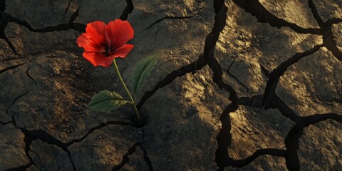 Rebirth from Desolation: A Scarlet Flower Emerges from the Cracks of Arid Soil, Symbolizing Renewal in a Barren Landscape
