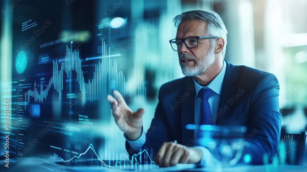 Fototapete businessman analyzing data on a virtual screen in a modern office setting, focusing on financial cha