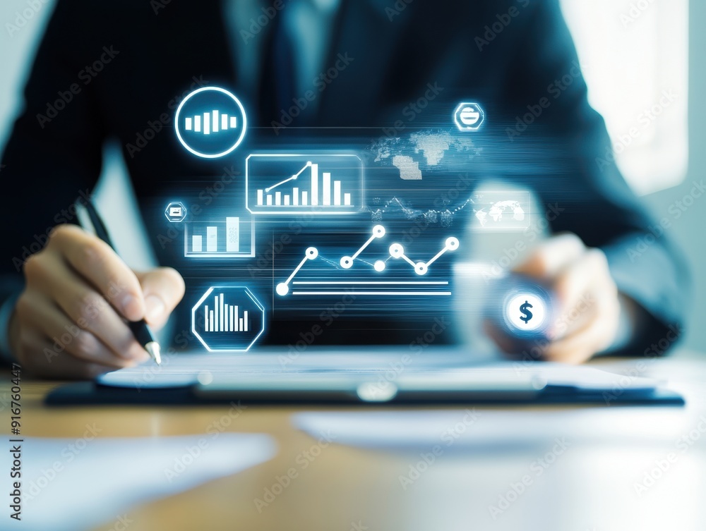 Aufkleber businessman analyzing data on a digital interface, reviewing charts and graphs, focusing on financia