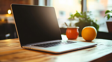 Fototapeta premium Modern Laptop on Wooden Desk in Cozy Home Office with Natural Light and Apple, Morning Productivity Concept