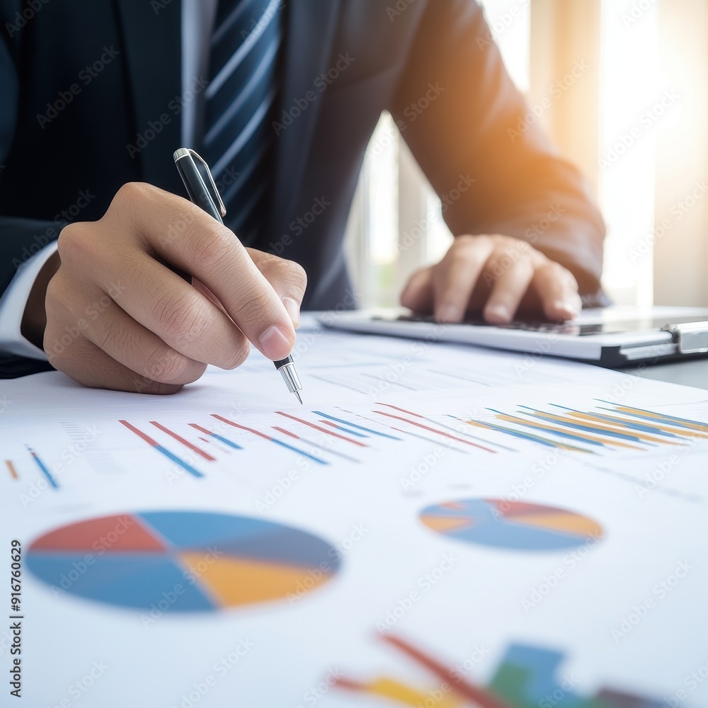 Poster businessman analyzing financial reports and charts with pen and calculator, highlighting growth and 