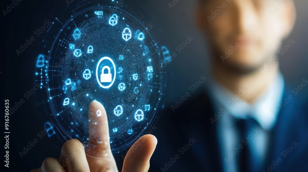Poster businessman and digital lock interface. concept of internet security, data protection, and technolog