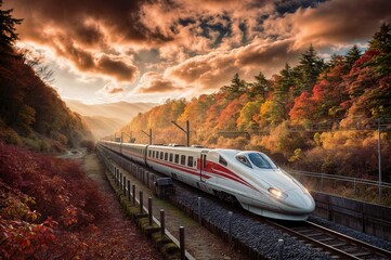 A high-speed train gliding through a picturesque landscape of an vibrant autumn forest