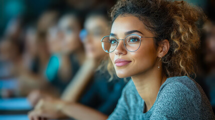 Young Professional Woman Engaged in Corporate Training Session, Focus on Participation and Continuous Learning, Daytime, Positive and Attentive, Diverse Group Setting