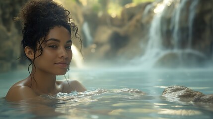 Fototapeta premium Beautiful Woman Enjoying a Relaxing Swim in a Natural Hot Spring, Surrounded by Misty Waterfalls in a Serene and Tranquil Setting
