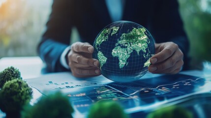 Businessman holding a glass globe over a desk with charts and small green plants, representing global business and environmental sustainability.