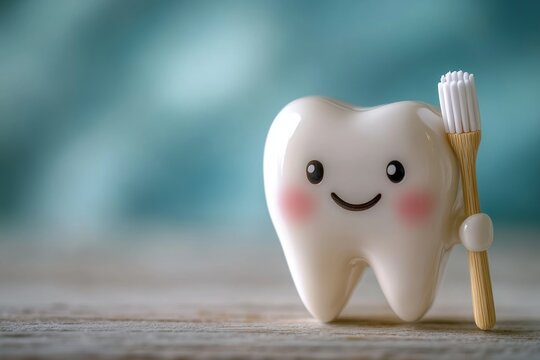 Illustration of a happy tooth holding a toothbrush, promoting dental hygiene. High-resolution, detailed textures, crisp focus
