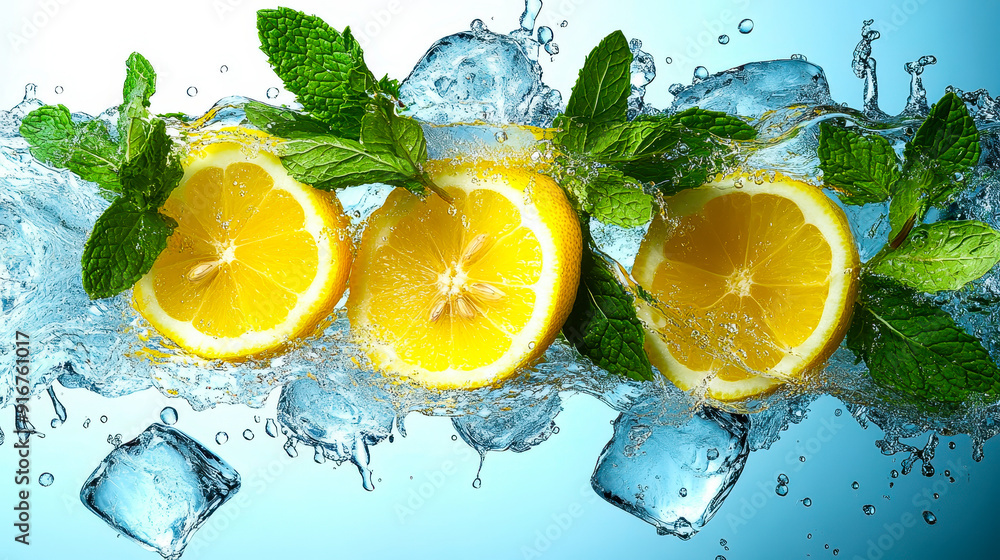 Poster refreshing lemon slices with mint leaves and ice cubes splashing in water on white background - summ