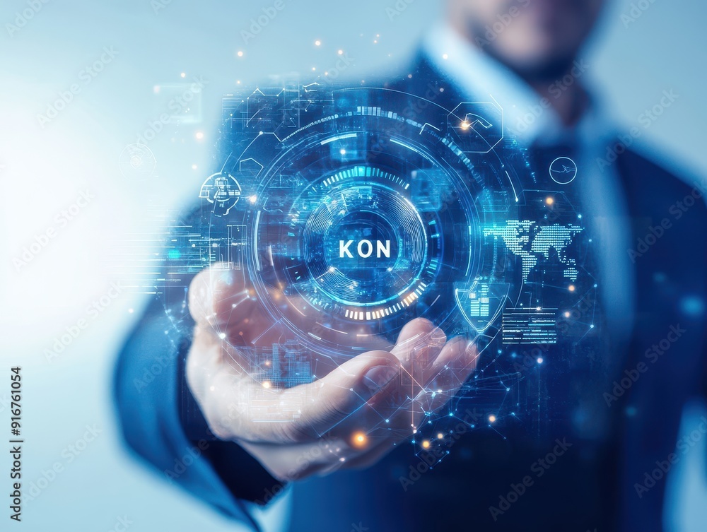 Aufkleber businessman using futuristic technology interface, showcasing innovation and digital transformation 