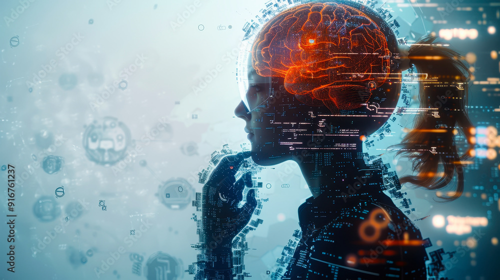 Poster silhouette of woman thinking with digital brain interface representing artificial intelligence, deep