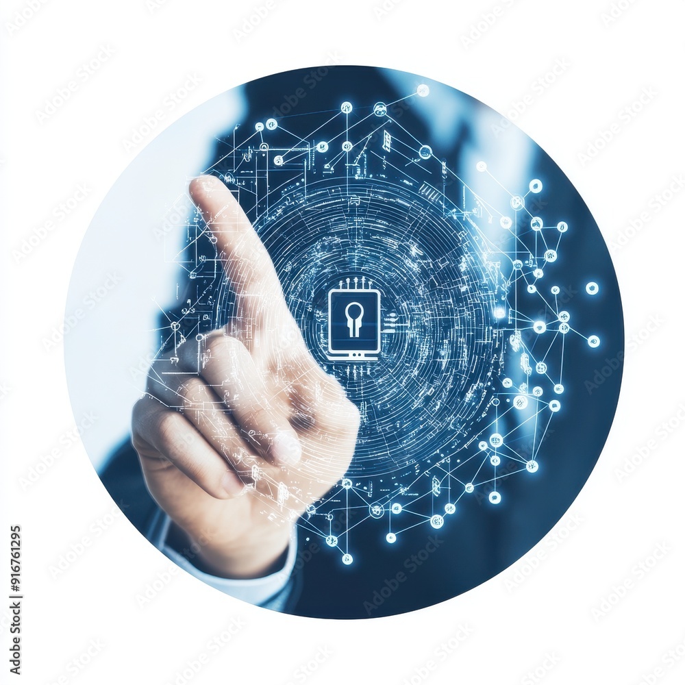 Poster Close-up of a hand touching a digital security interface, symbolizing cybersecurity, technology, and data protection in a high-tech world.