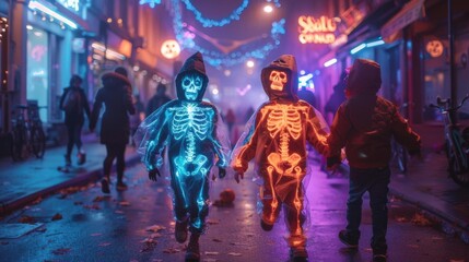 Obraz premium Two children in glowing skeleton costumes walk down a vibrant street decorated for Halloween, creating a festive and eerie atmosphere at night.