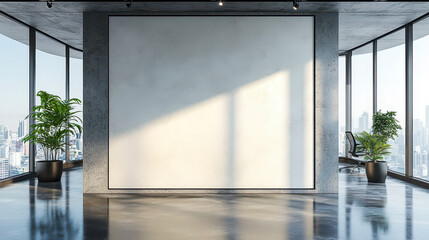 Fototapeta premium Modern Office Interior With Blank Wall for Branding or Advertising, Daytime Urban View, Sleek Design with Concrete, Glass and Natural Light, Minimalist Workspace with Large Windows and Green Plants