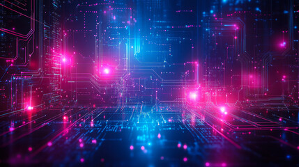 Fototapeta premium Futuristic Digital Technology Circuit Board Background with Blue and Pink Cyber Network, AI Big Data Innovation, Internet Connectivity