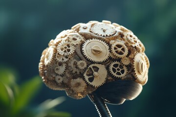 Illustration of a brain with gears, symbolizing creativity and innovation. High-resolution, detailed textures, crisp focus