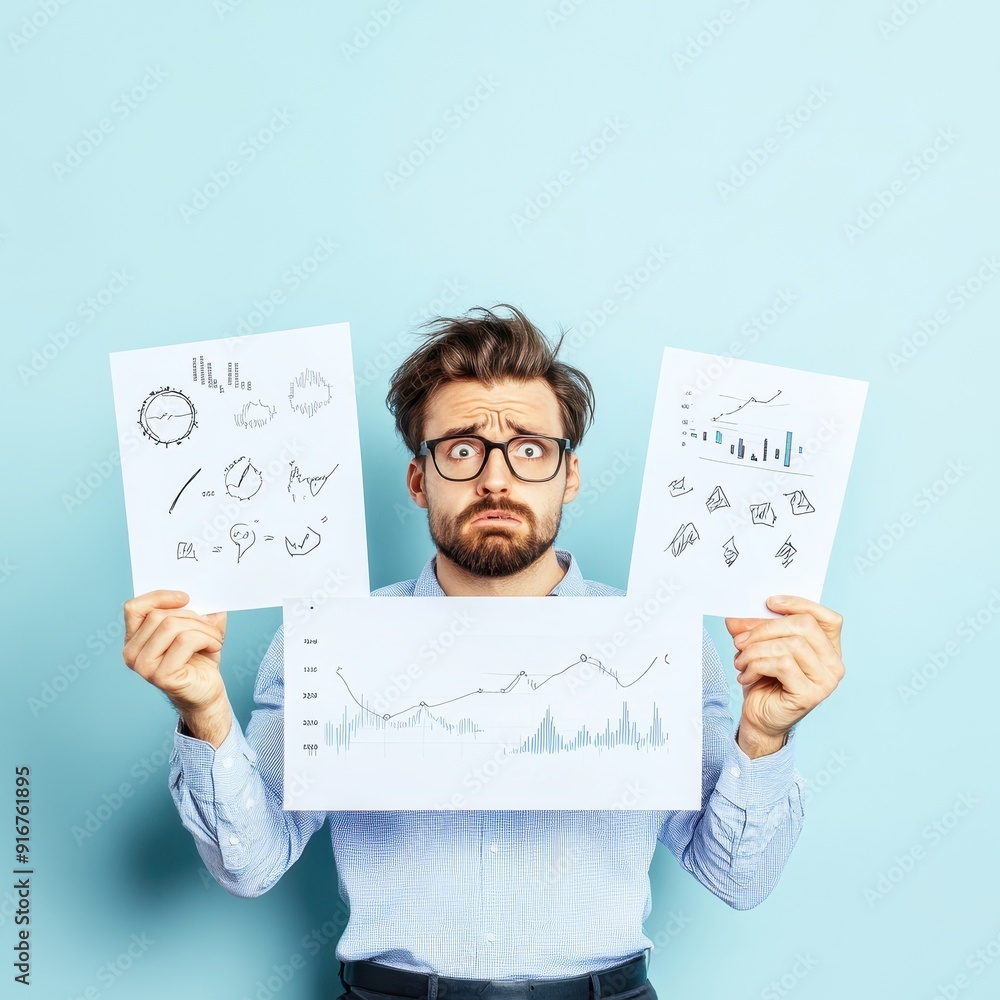 Poster confused man holding graph and chart papers on light blue background. concept of business analysis, 