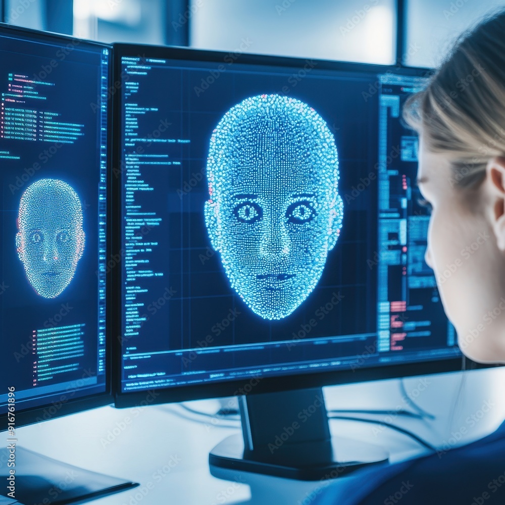 Aufkleber Computer scientist analyzing artificial intelligence and facial recognition data displayed on dual monitors in a modern tech environment.