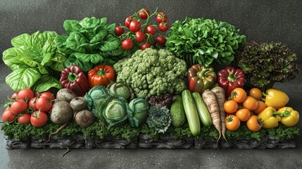 A vibrant display of fresh vegetables arranged on a dark surface in a modern kitchen setting