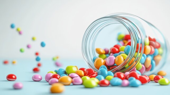 Colorful candy spilling out of a glass jar onto a blue surface, creating a vibrant and playful scene.
