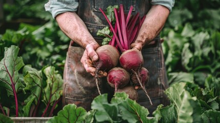 A man is holding a bunch of beets in his hand
