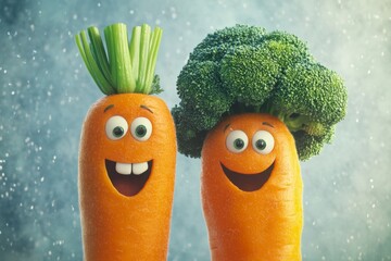 Illustration of a happy carrot and broccoli, promoting healthy eating habits. High-resolution, detailed textures, crisp focus