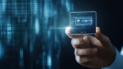 A person holding a digital device, showcasing advanced technology against a futuristic background with binary code.
