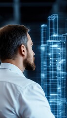 Fototapeta premium A professional man analyzes digital architecture data, visualizing future urban designs with holographic technology.