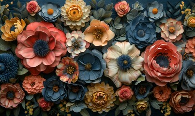 Intricate 3D floral arrangement with varying colors and shapes on a dark backdrop