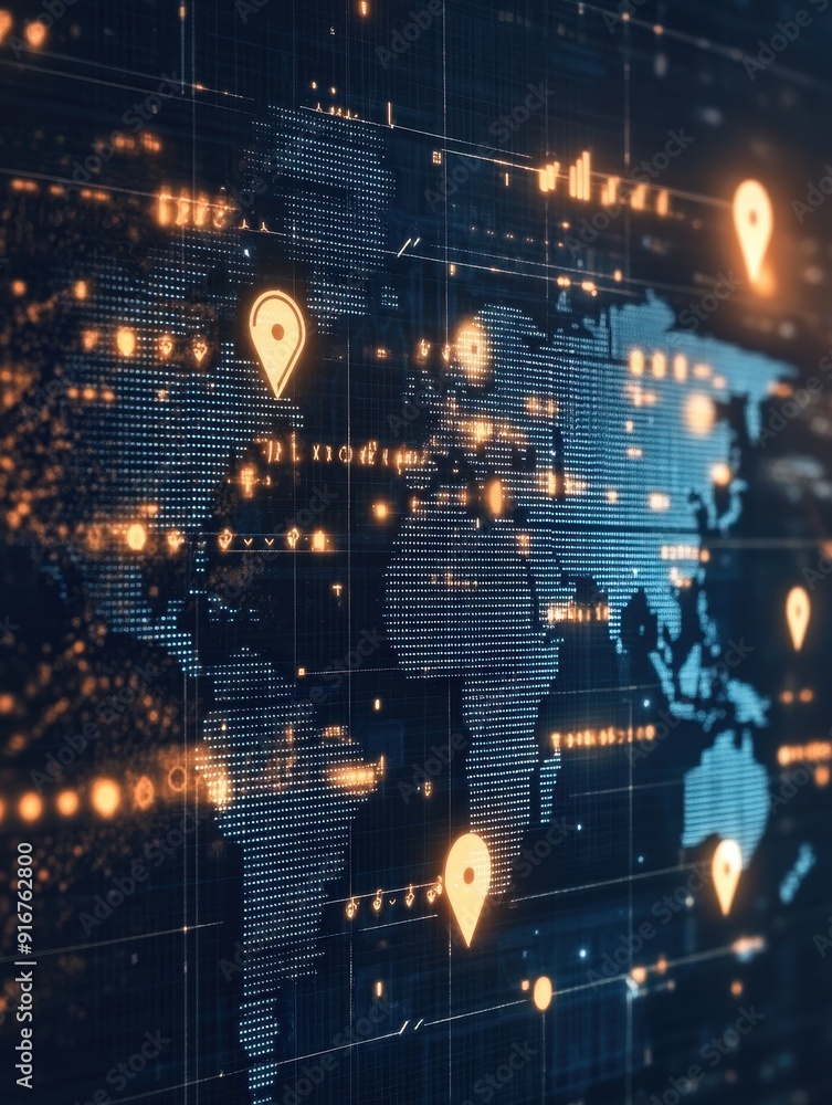 Poster global map with digital pins highlighting locations, illustrating worldwide connections and network,