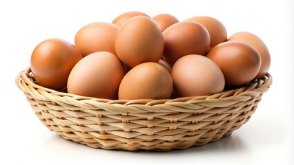 Arrangement of brown chicken eggs stacked in a natural wicker basket on a clean white background with a clipping path.