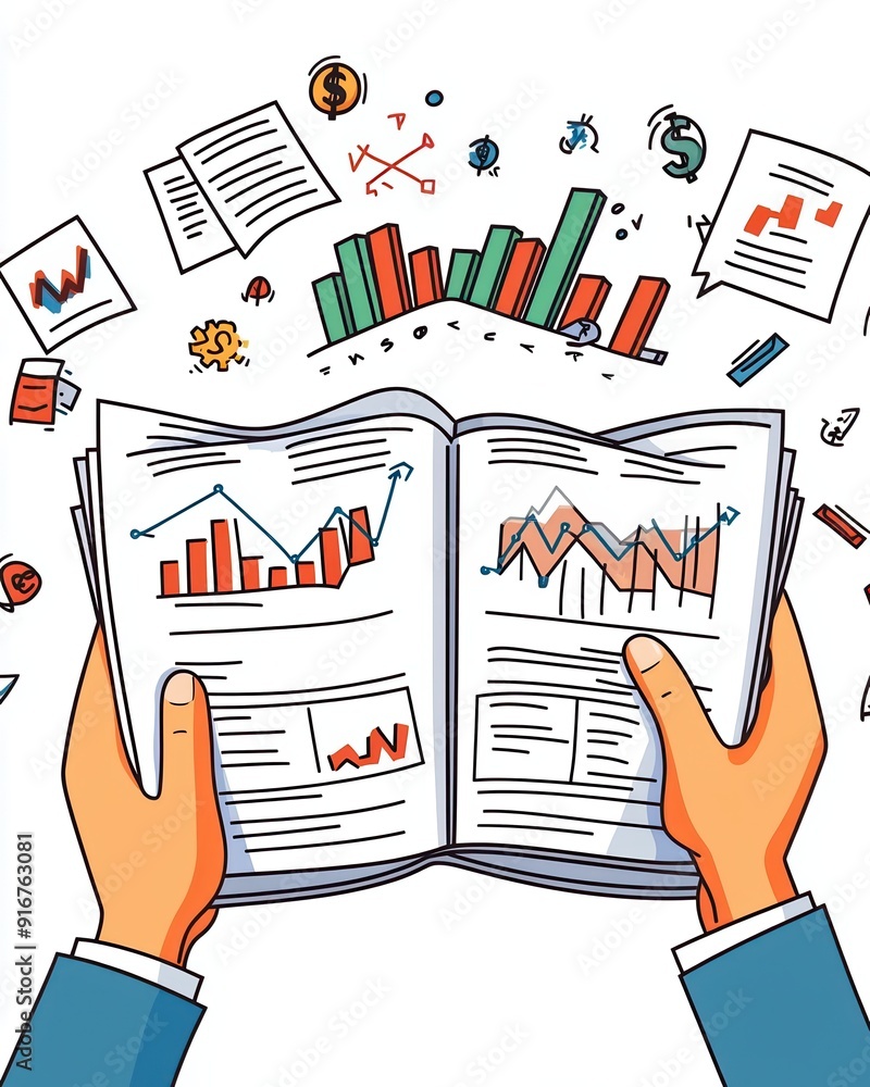 Poster Hands holding an open business report with colorful charts and graphs, surrounded by floating data sheets and icons of financial success.