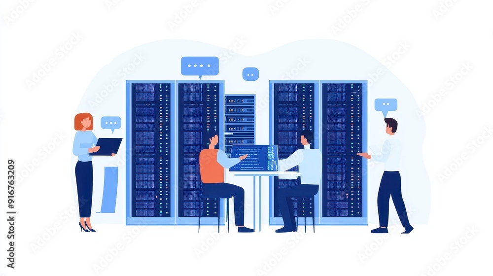 Leinwandbilder illustration of it professionals managing and working with servers in a data center, showcasing mode