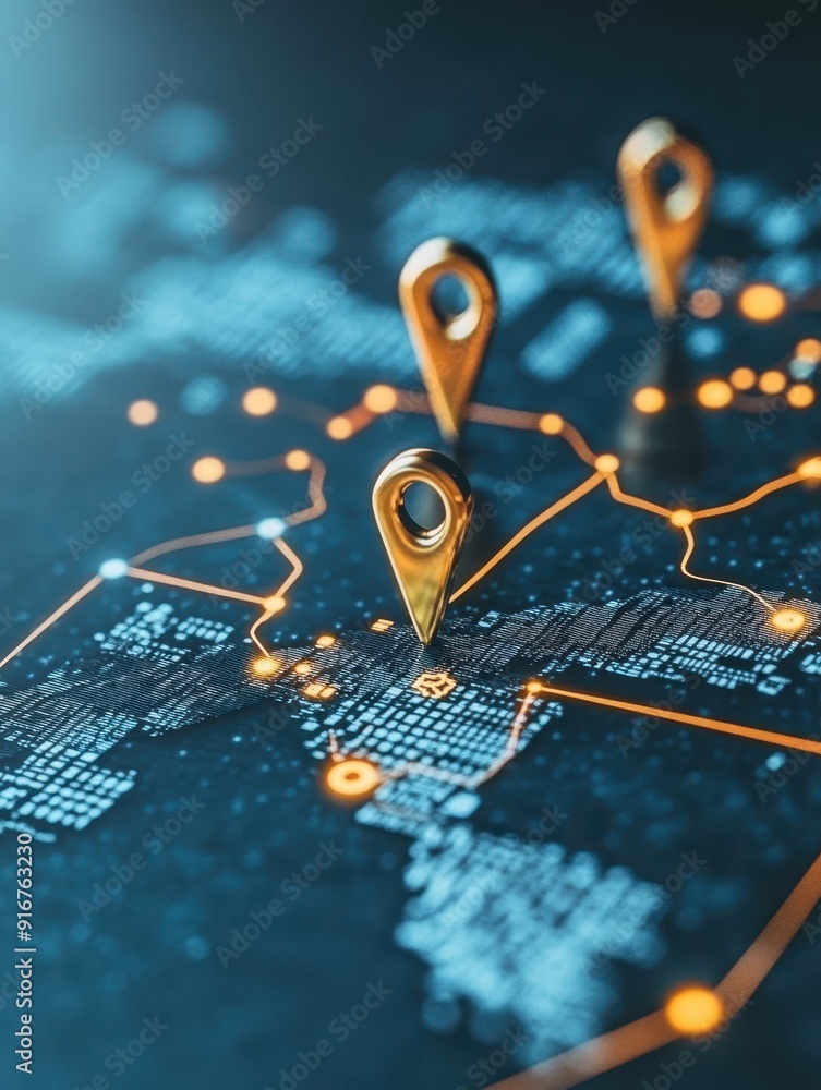 Aufkleber High-tech image featuring digital map with location markers and data points for global navigation and technology concepts.