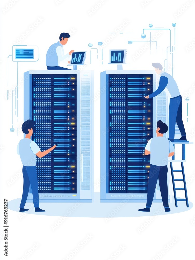 Poster illustration of it engineers working on data servers in a modern data center, showcasing teamwork an