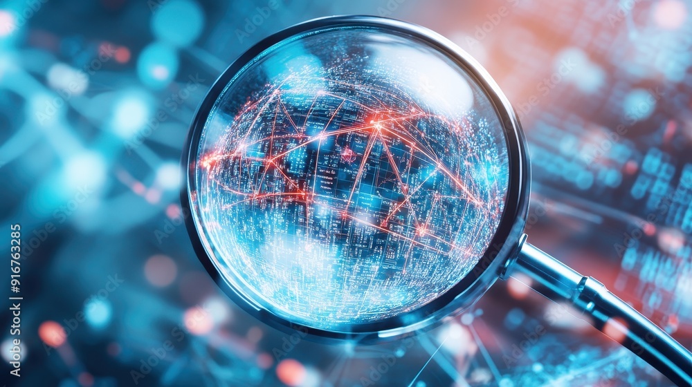 Poster magnifying glass focusing on a digital network, symbolizing data analysis, research, and cybersecuri