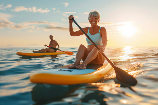 Old happy woman rowing on SUP board active leisure of elderly.