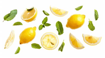 Fresh flying lemons and mint leaves isolated on white background