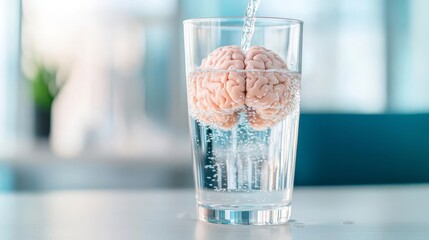 Visual of a human brain being nourished by water, symbolizing the cognitive benefits of staying hydrated for mental clarity, hydration health benefit, mental clarity