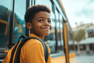 Fototapeta premium Smiling black student kid Boarding School Bus On A Sunny Day