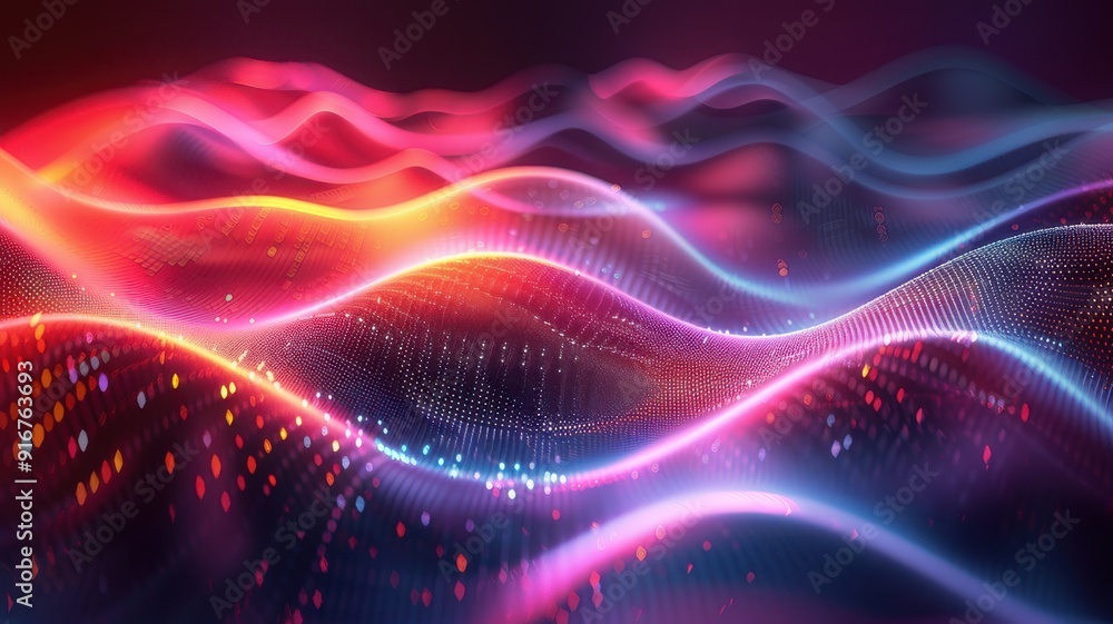 Poster vibrant abstract waves with colorful light trails creating a dynamic and energetic visual effect sui
