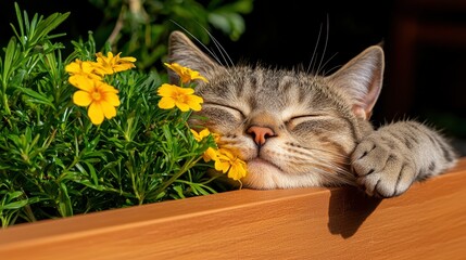 Adorable White And Gray Cat Relaxing On A Cozy Balcony Table