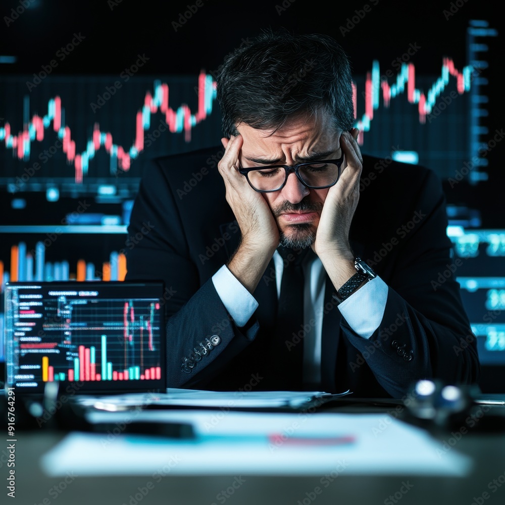 Poster Stressed businessman in front of computers analyzing stock market data and graphs. Business, finance, and economy concept.