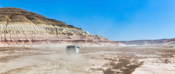 (Super wide view) A view of Bozzhira tract, driving on suv, unexplored region of Mangystau