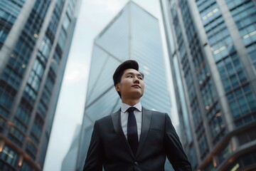 Well-groomed, rich Chinese young man in full height in an expensive suit against the background of blurry skyscrapers, view from below