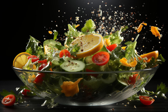 Healthy Salad Ingredients Mid-Air Over Bowl
