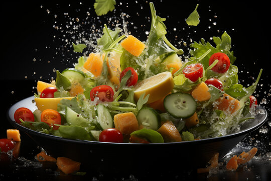 Colorful Vegetable Mix Splashing into Salad Bowl