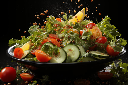 Fresh Salad Ingredients Splashing into Bowl